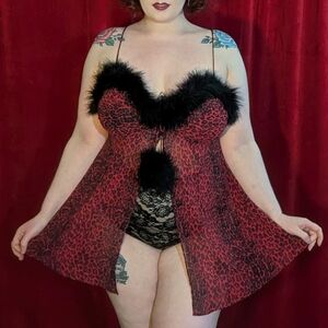 Movie Star red leopard print marabou trim open front babydoll lingerie - XL